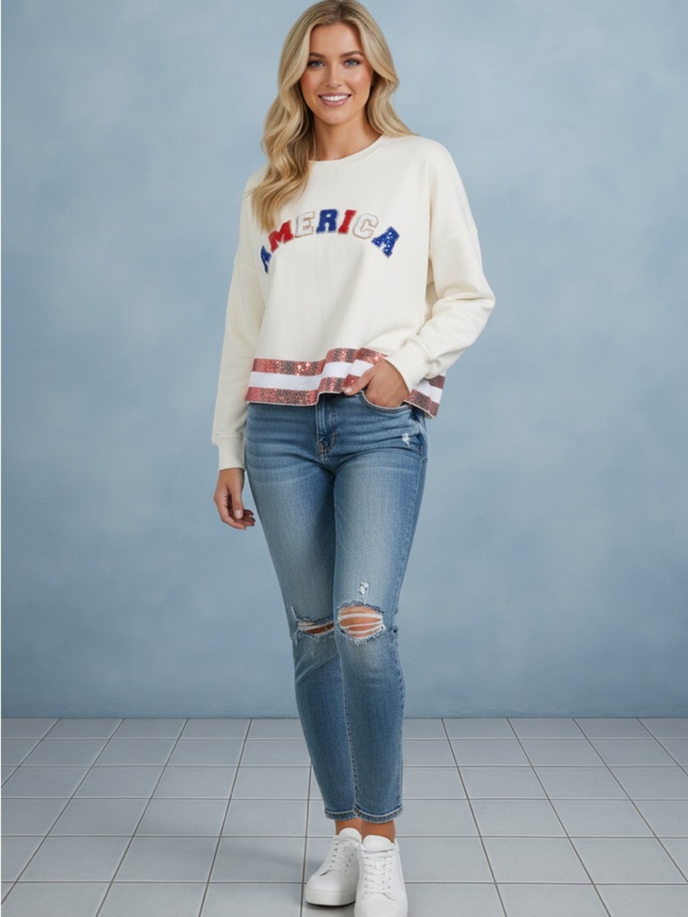 THE AMERICANA CREW LONG SLEEVE SEQUIN CROP PULLOVER SWEATER
White - Picture 5 of 10
